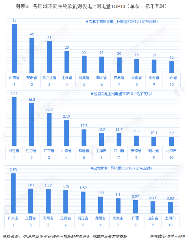 圖表3：各區(qū)域不同生物質(zhì)能源發(fā)電上網(wǎng)電量TOP10（單位：億千瓦時）